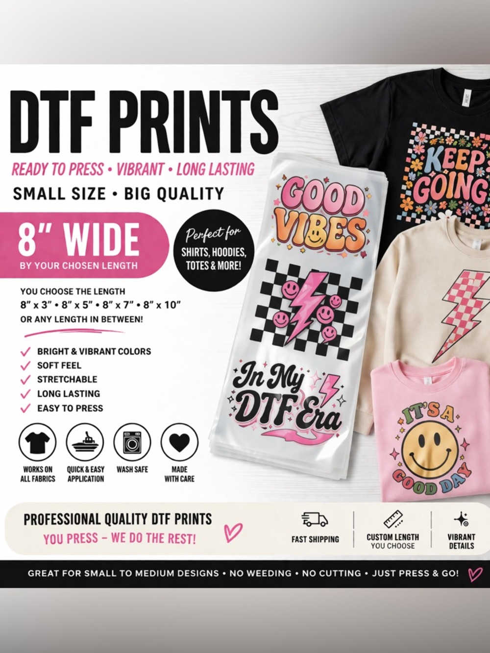 Custom 8” Wide DTF Prints Ready to Press Transfers Your Length Choice Quality